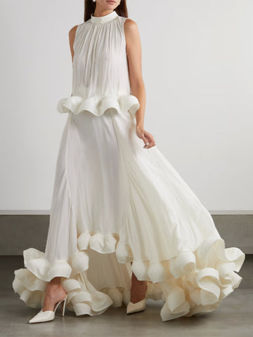Woochic robe cocktail deux-pièces col montant plissé sans manches couture irrégulière volants blanc S